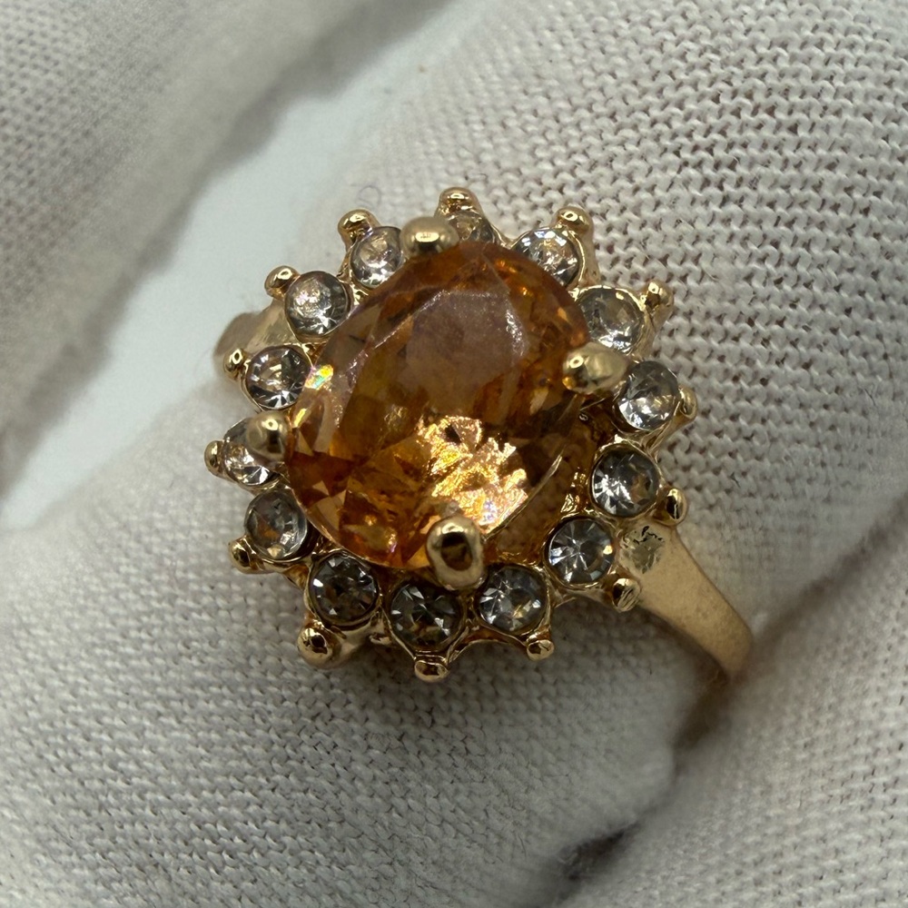 Gold-Tone Amber Halo Ring with Clear Accent Stones - Picture 2 of 9